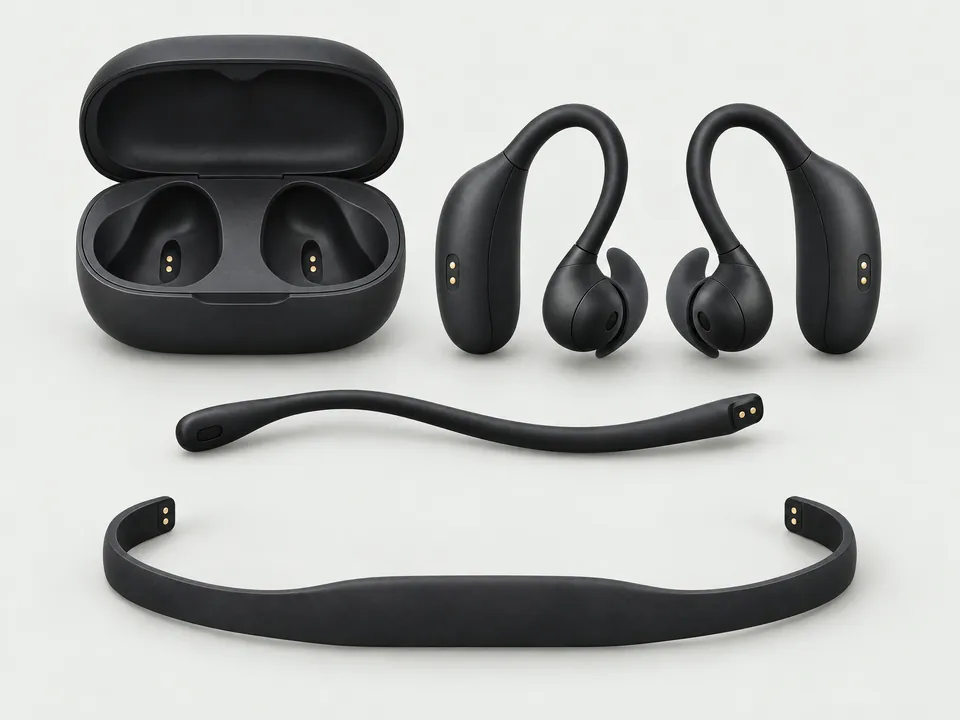 The C1-S family: charging case, two earbuds with behind-ear pods, sEMG boom, forehead band.